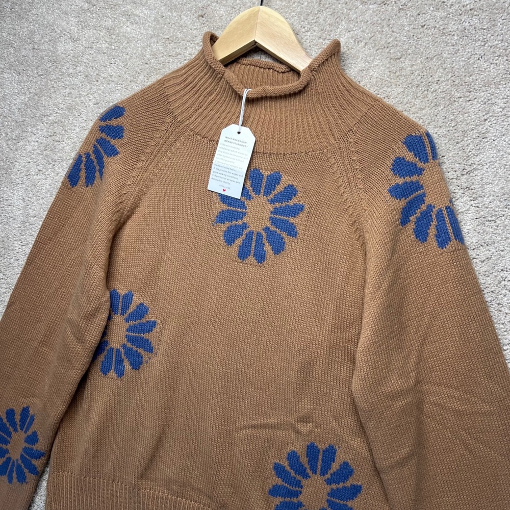 Brown Mock Neck Sweater Blue Floral Print‎ Long Sleeve Knit Boho Cottage Size S - Picture 5 of 10